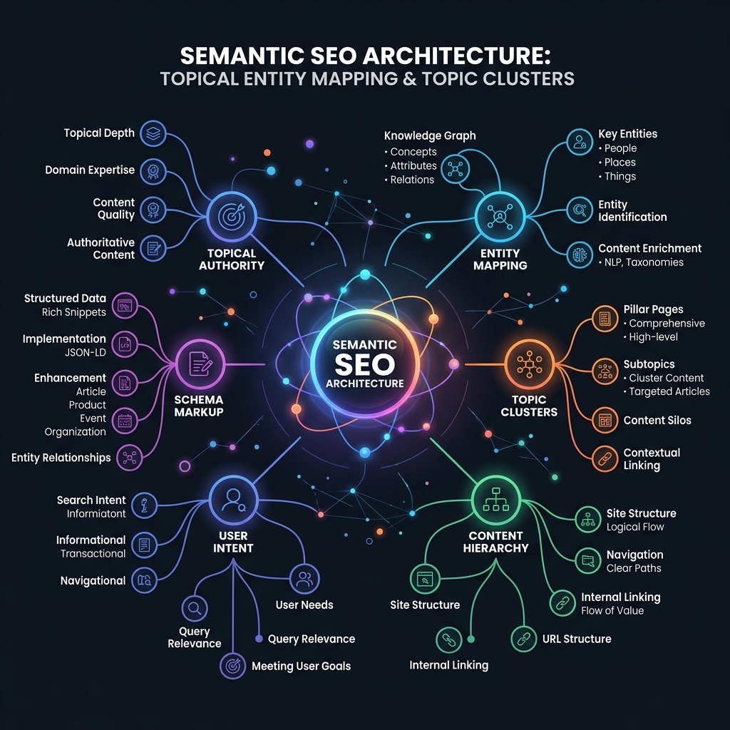 Strategy & SEO Architecture illustration showing SEO dashboard analytics